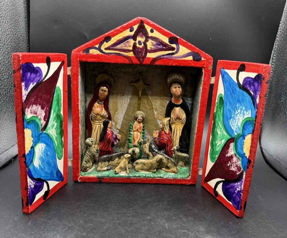 Vintage NOVICA Peru Retablo Nativity Scene Hand Carved Folk Art Diorama S1
